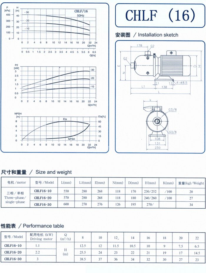 CHLF輕型立式不銹鋼多級離心泵安裝圖、尺寸、性能