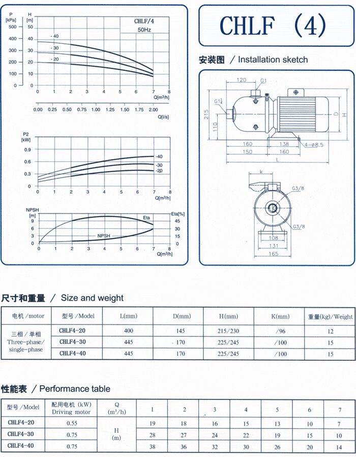 CHLF輕型立式不銹鋼多級離心泵安裝圖、尺寸、性能