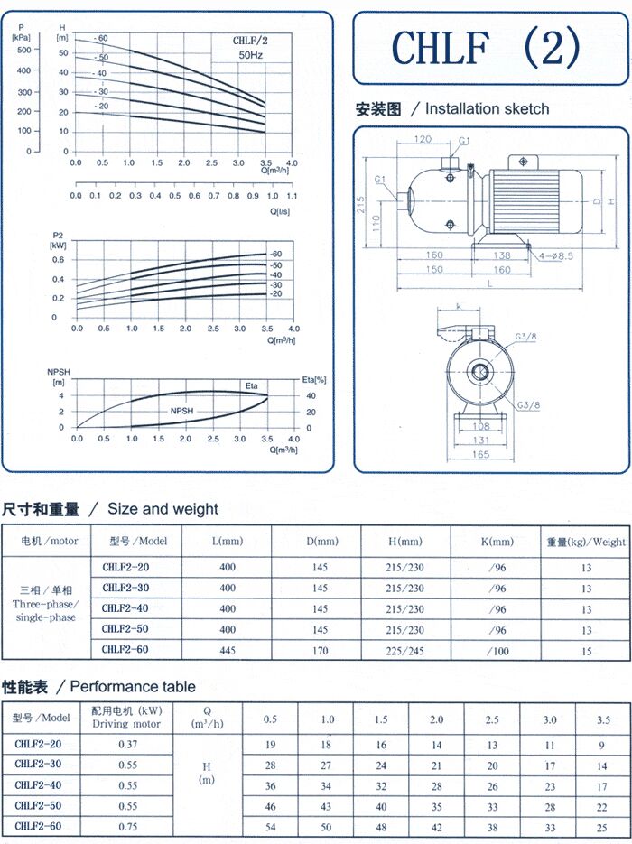 CHLF輕型立式不銹鋼多級離心泵安裝圖、尺寸、性能